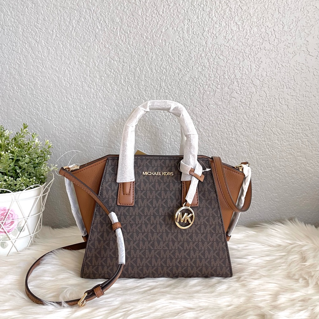 Michael Kors Small Leather Messenger Crossbody Handbag Bag Satchel Purse Brown.